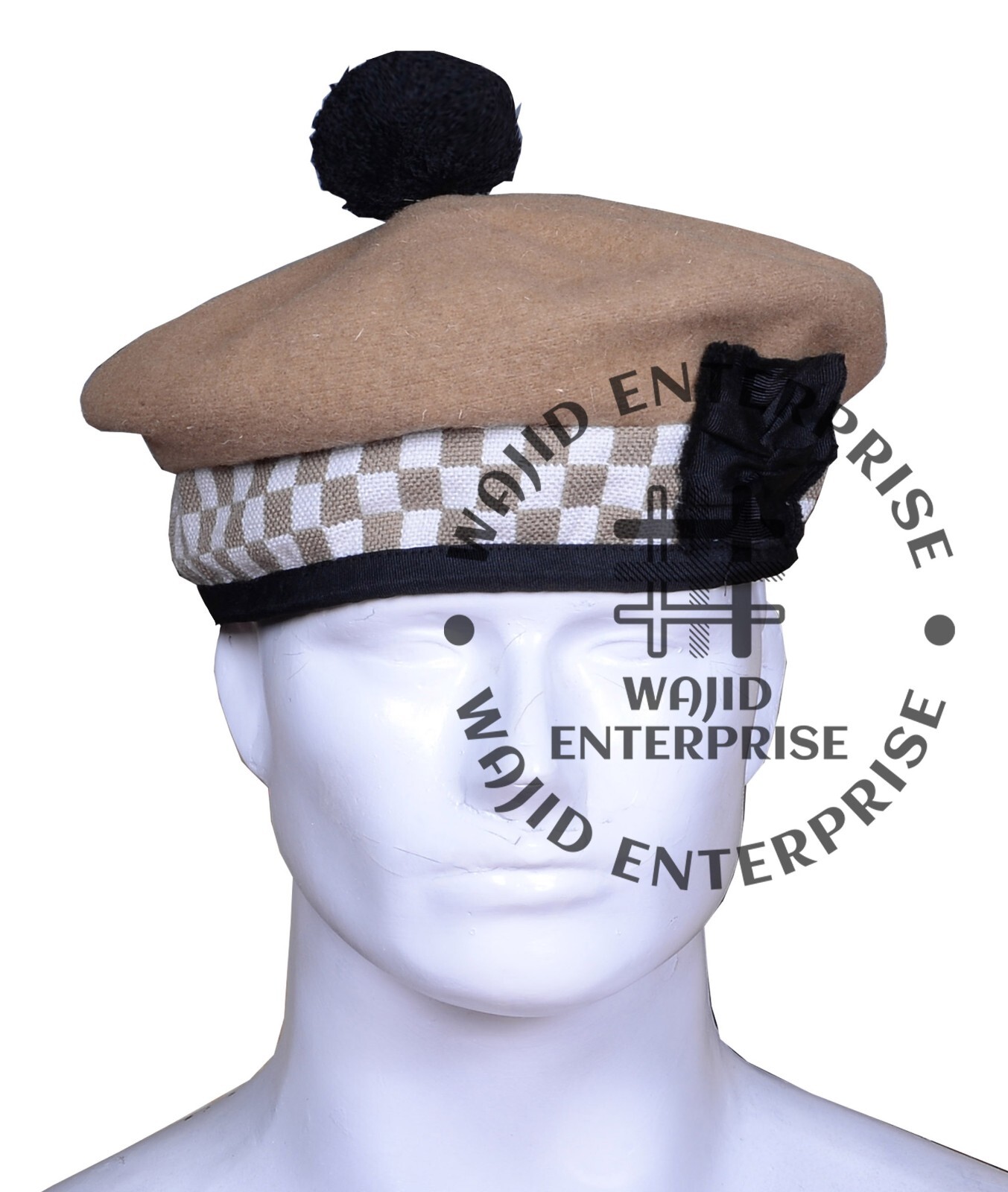 Khaki & White Diced Balmoral Hat – Scottish Military Piper Beret Bonnet Kilt Cap