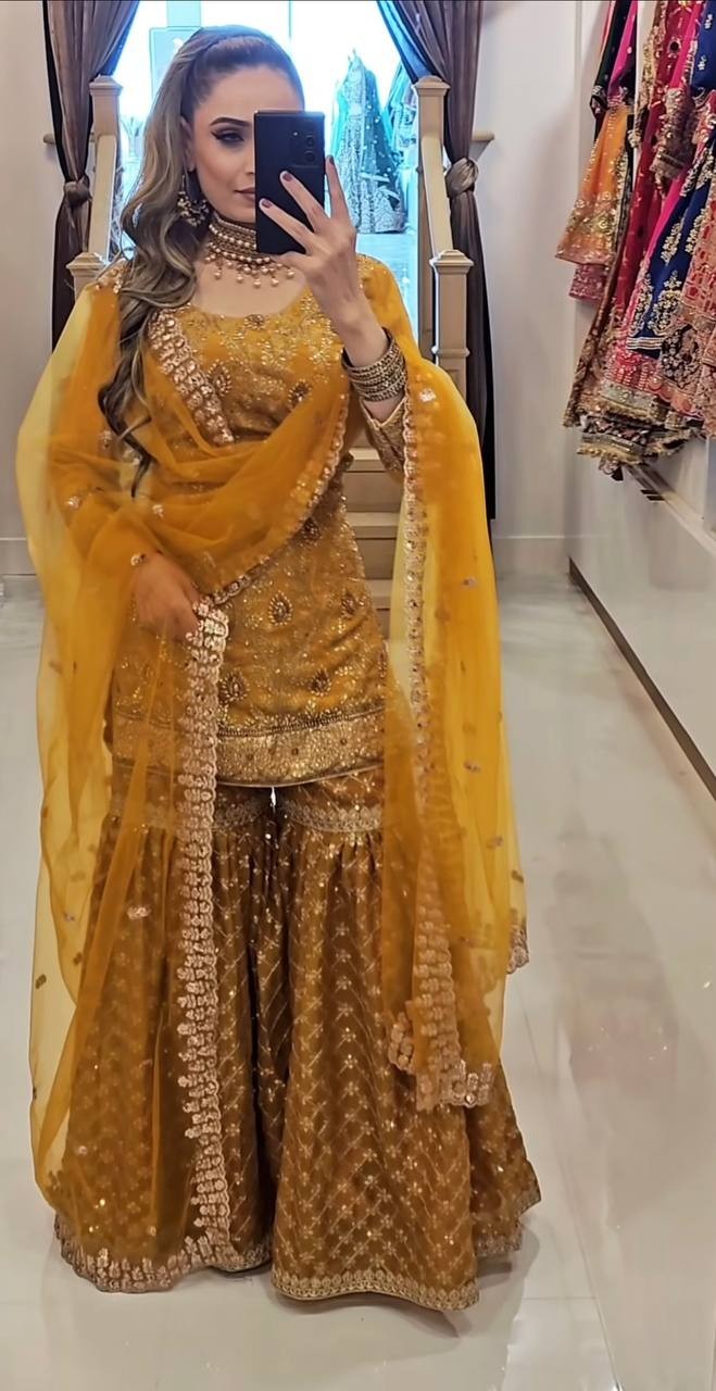 Bollywood Look Chinon Silk Top Palazzo With Dupatta For Women Wedding Wear