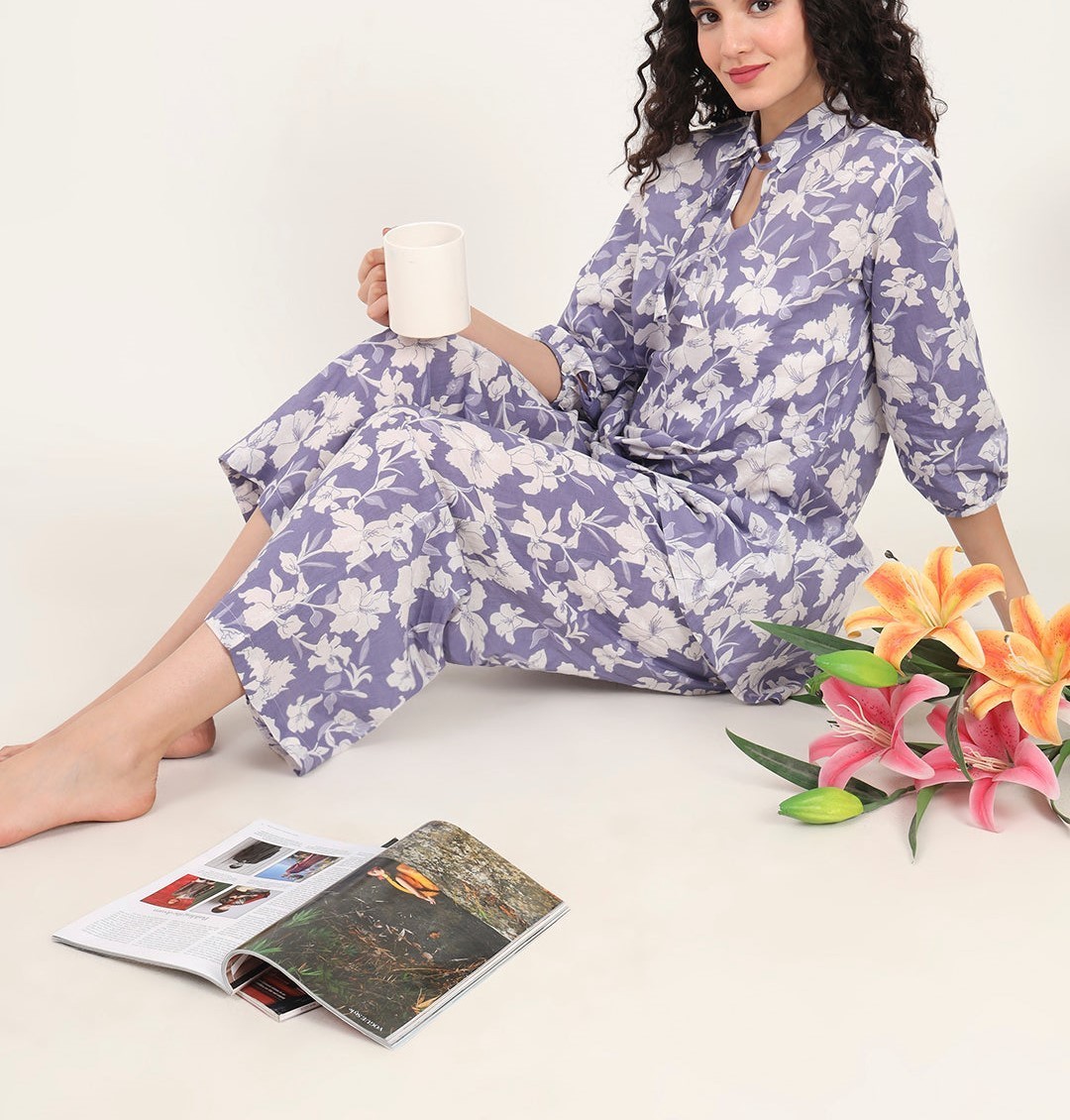 Blue Cotton Loungewear Set for Women | Collared Shirt Pajama Nightwear