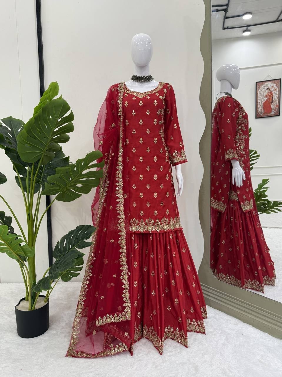 Latest New Chinon Silk Red Palazzo Suit With Dupatta For Indian Festive Wear