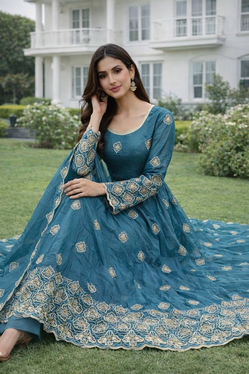 RamaBlue Gold Crush Silk Georgette Salwar Kameez Floral Designer Party Wear Suit