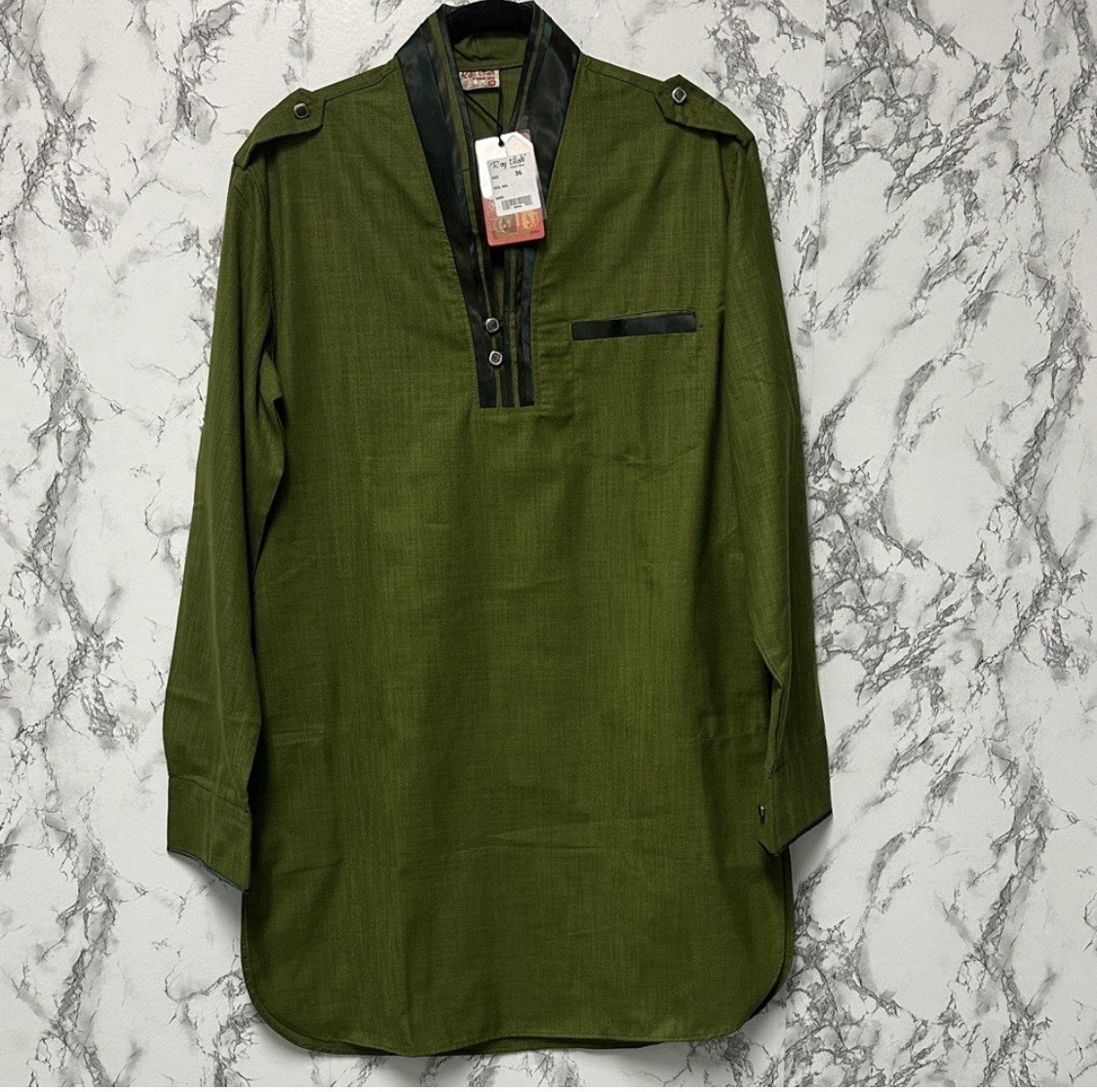 Raj Tilak Dark Green Men’s Tunic Shirt with Dark Silk Trim Ethnic Kurta Size 36