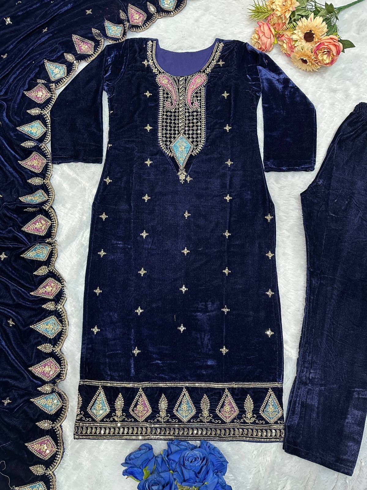 Ethnic Wear Heavy Viscos Velvet Salwar Kameez With Blue Dupatta For Women &Girls