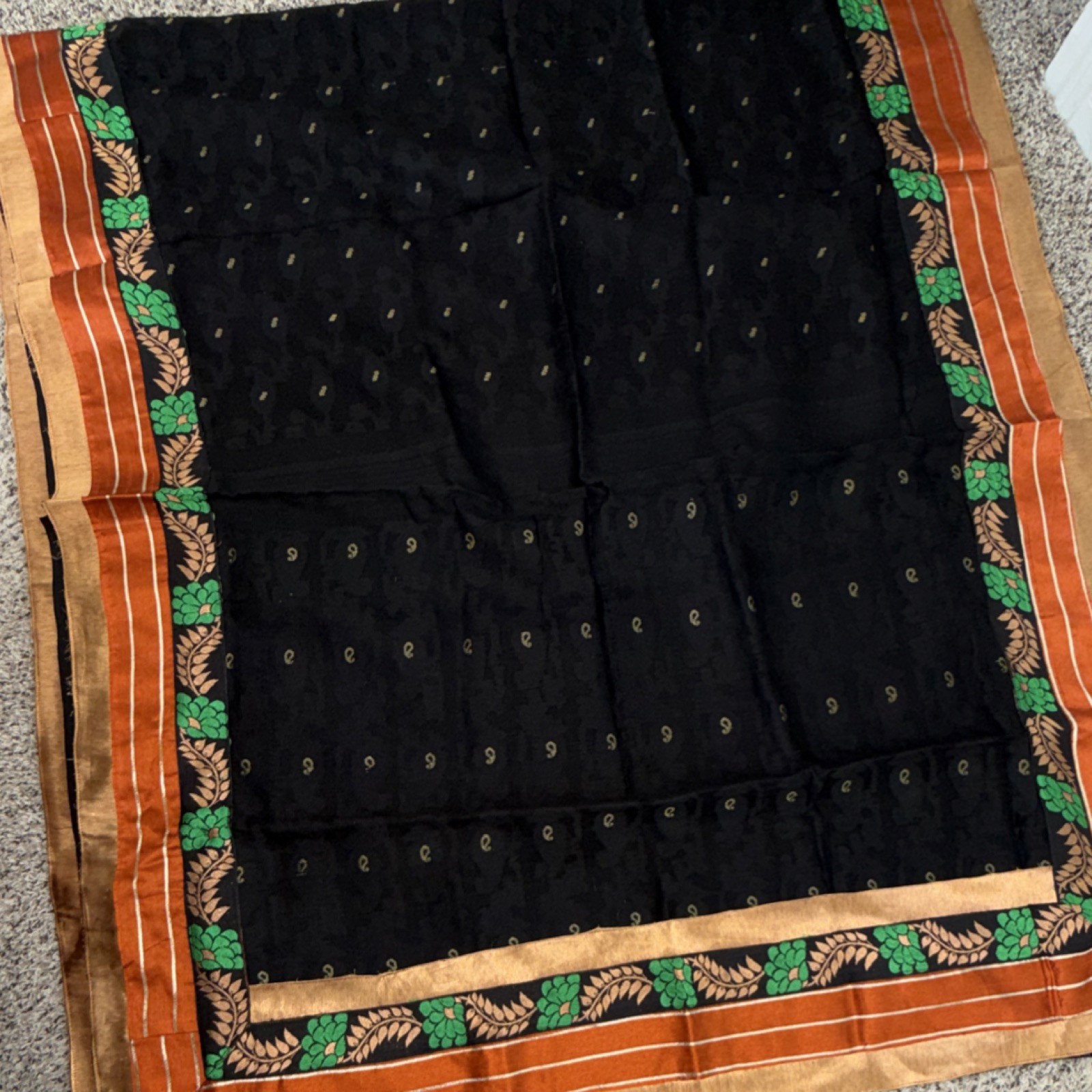 Sheer Sari/Saree Black Gold Green Orange Floral Border Women Free Size