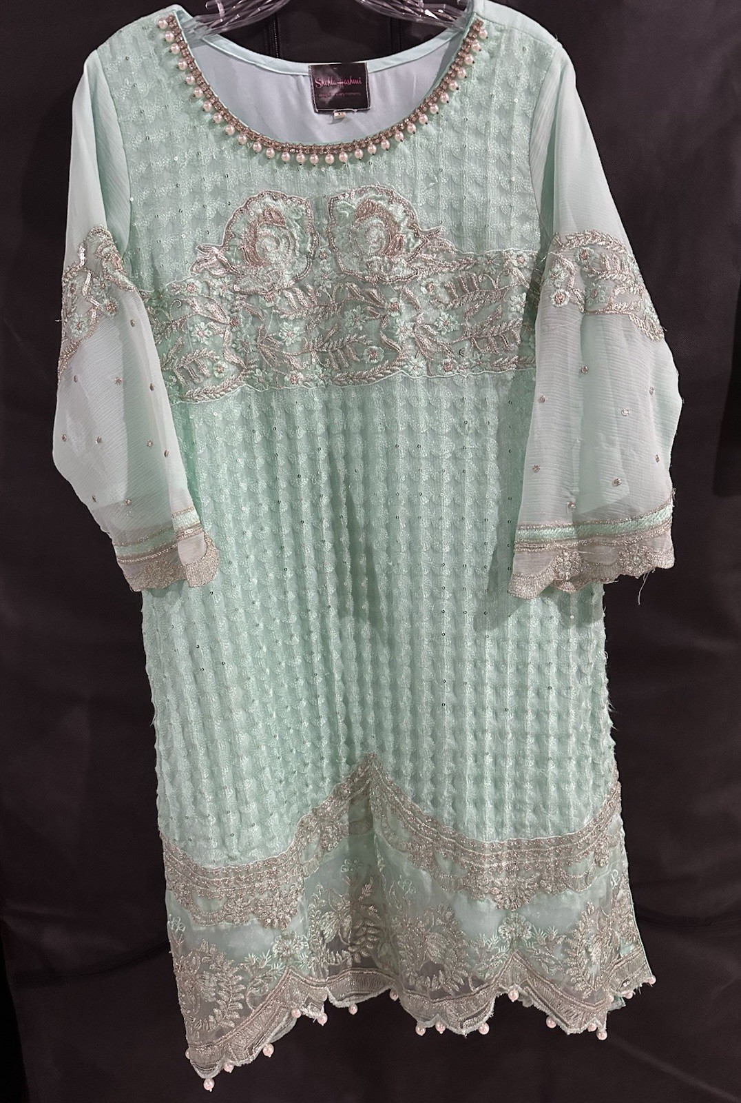 Mint Green Shalwar Kameez with Dupatta | Sequins & Rhinestones | Size L