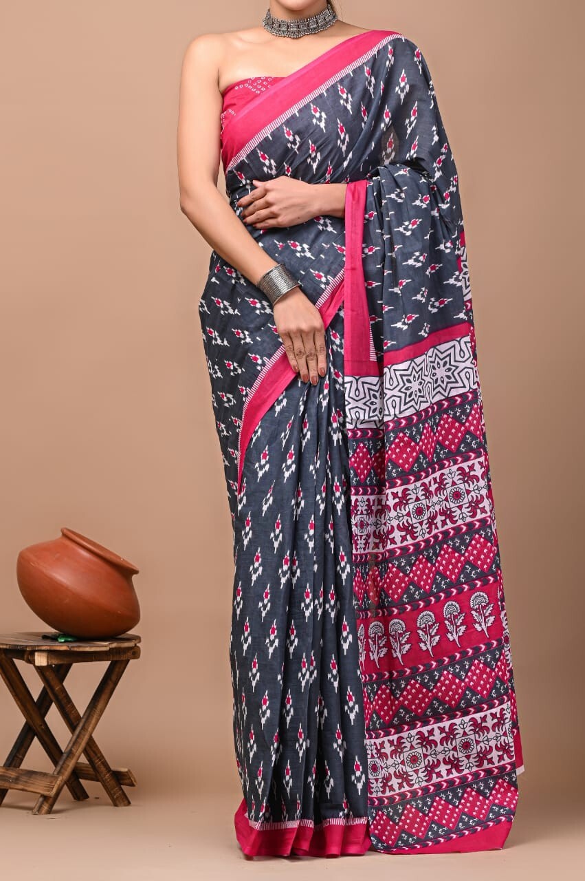 Hand Block Saree Pink Border Grey