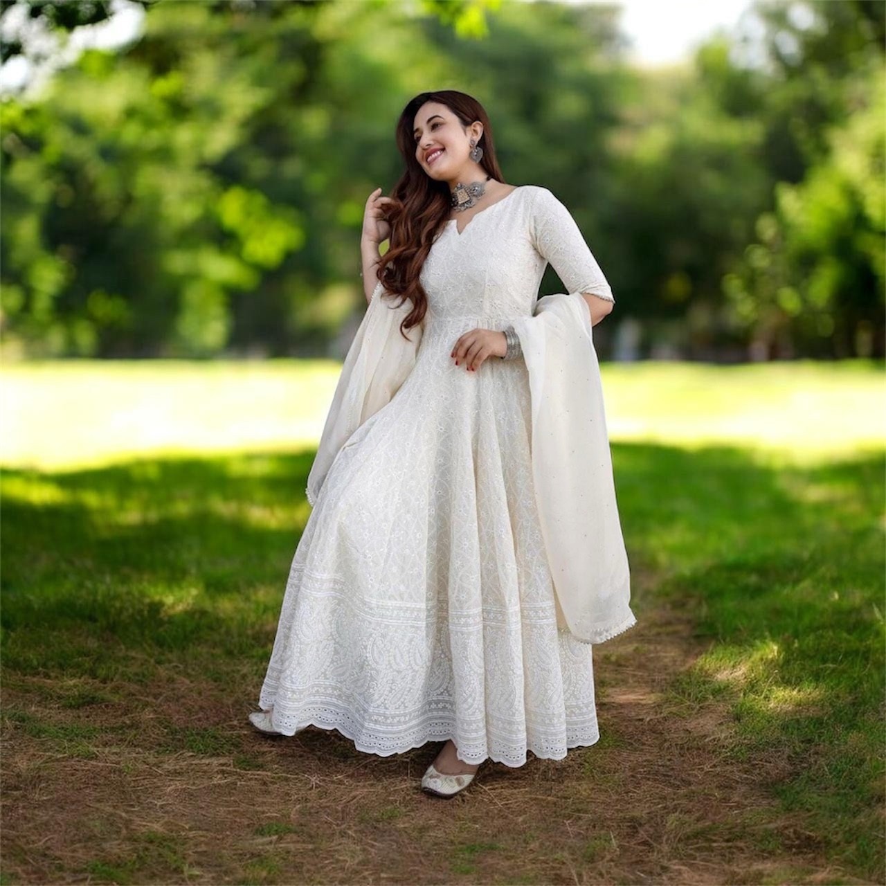 Women’s Cotton Chikankari Sequin Long Kurti with Chanderi Dupatta Set