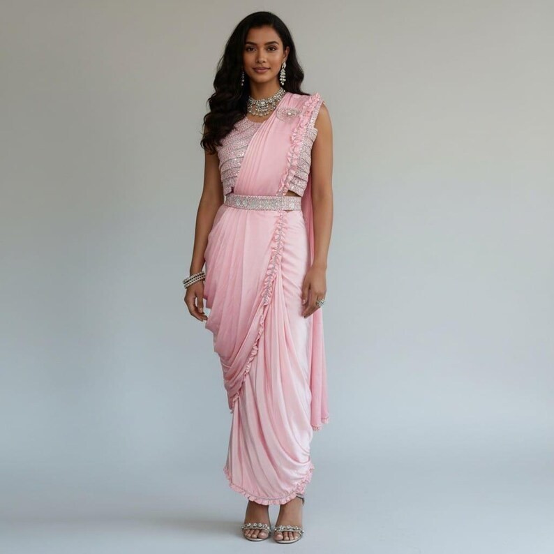 Pink Draped Saree in Lycra Fabric with Heavy Sequence Blouse Modern Women Outfit