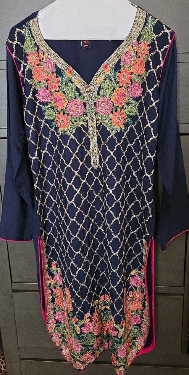 Indian Pakistani Shirt Fully Embroidered Multi Color On Navy Blue Kameez