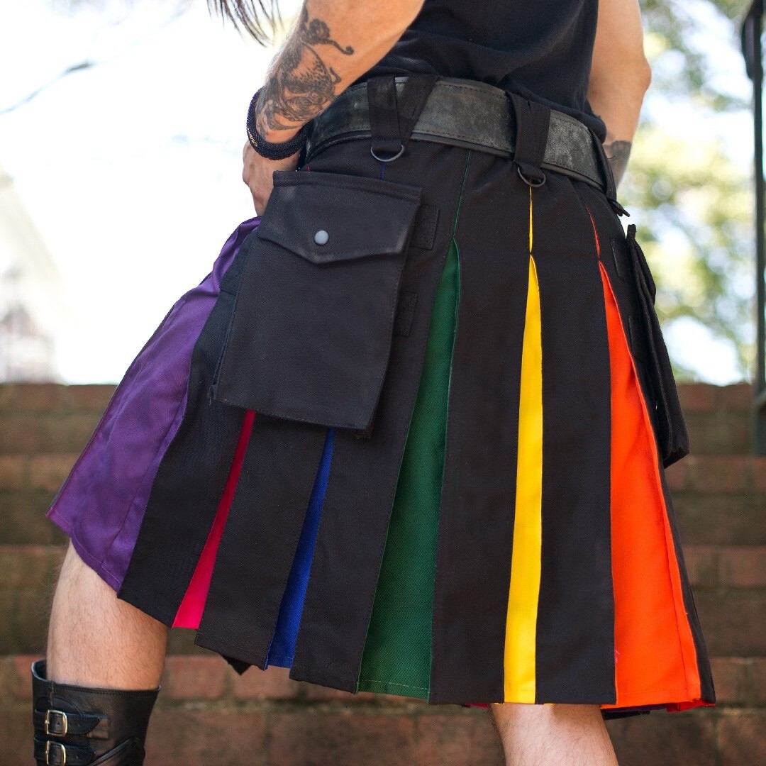 Deluxe hybrid Black/Rainbow Utility Cargo Kilt With Two Pockets Size 28″ To 60″