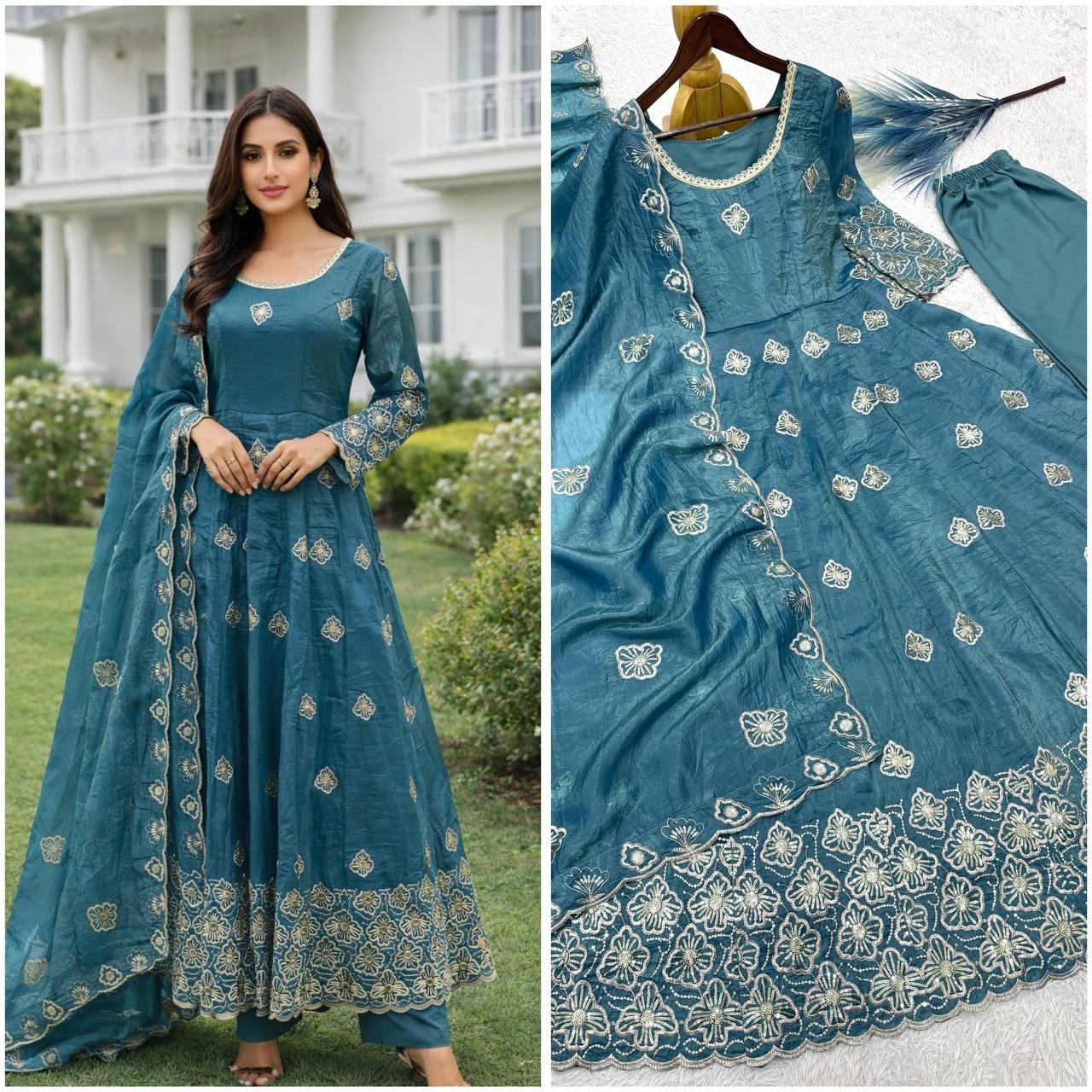 RamaBlue Gold Crush Silk Georgette Salwar Kameez Floral Designer Party Wear Suit