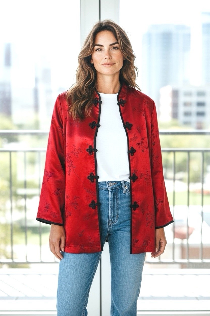 Ladie Kimino Crimson Red Robe Frog Clasps Knee Length ExLg