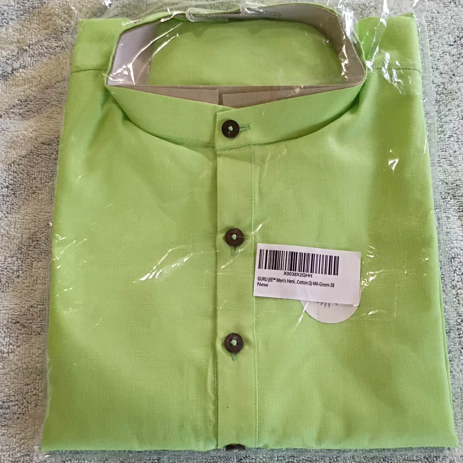 GURU JEE Men’s Green Cotton Linen Henley Kurta Shirt, Size 38