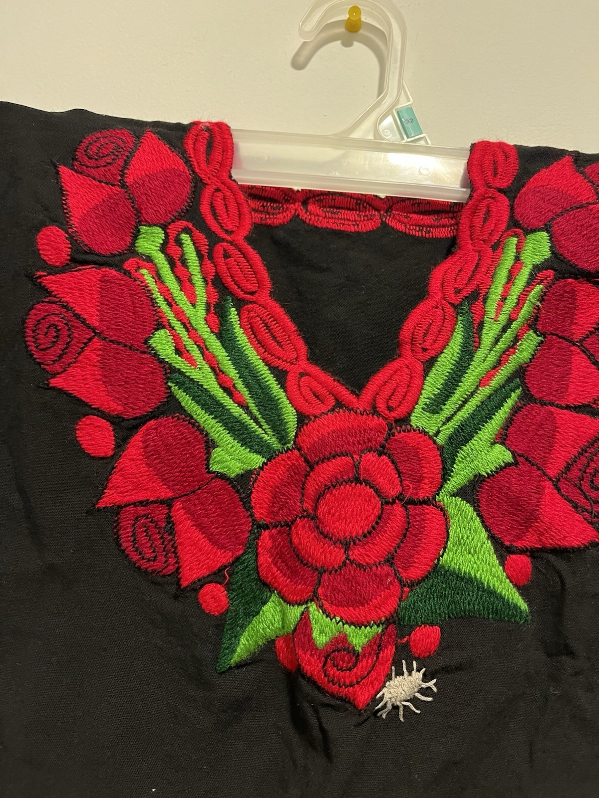Handmade Girls Black Cotton Huipil Top Red Floral Embroidery