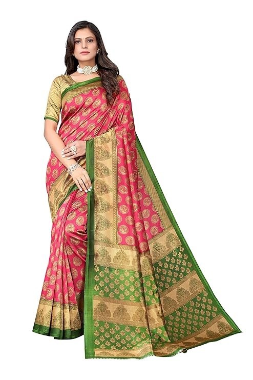 Women’s Pink Green Art Silk Saree Gold Zari Woven Traditional Indian Ethnic Wear