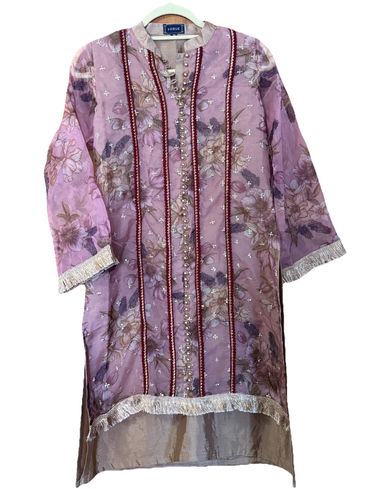 VOGUE Pink Floral Embroidered Silk Blend Chiffon Pakistani Kurti size 36 (S)