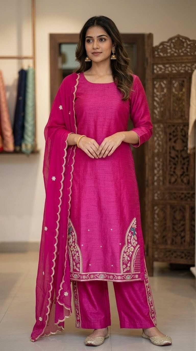 Handcrafted Magenta Pink Raw Silk Embroidered Suit Material | Luxury Zardosi…