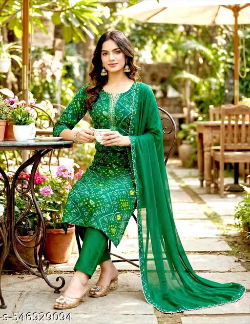 Traditional Kurti set for women/Women’S BANDHANI Cotton Blend Straight Kurti set