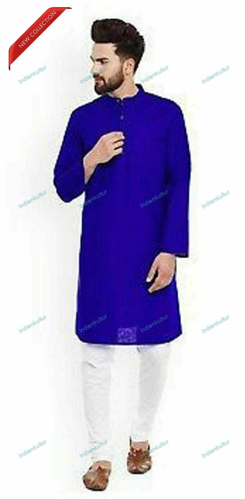 Indian Cotton Shirt kurta Mens Tunic Top Blue Color Plus Size Solid High Neck