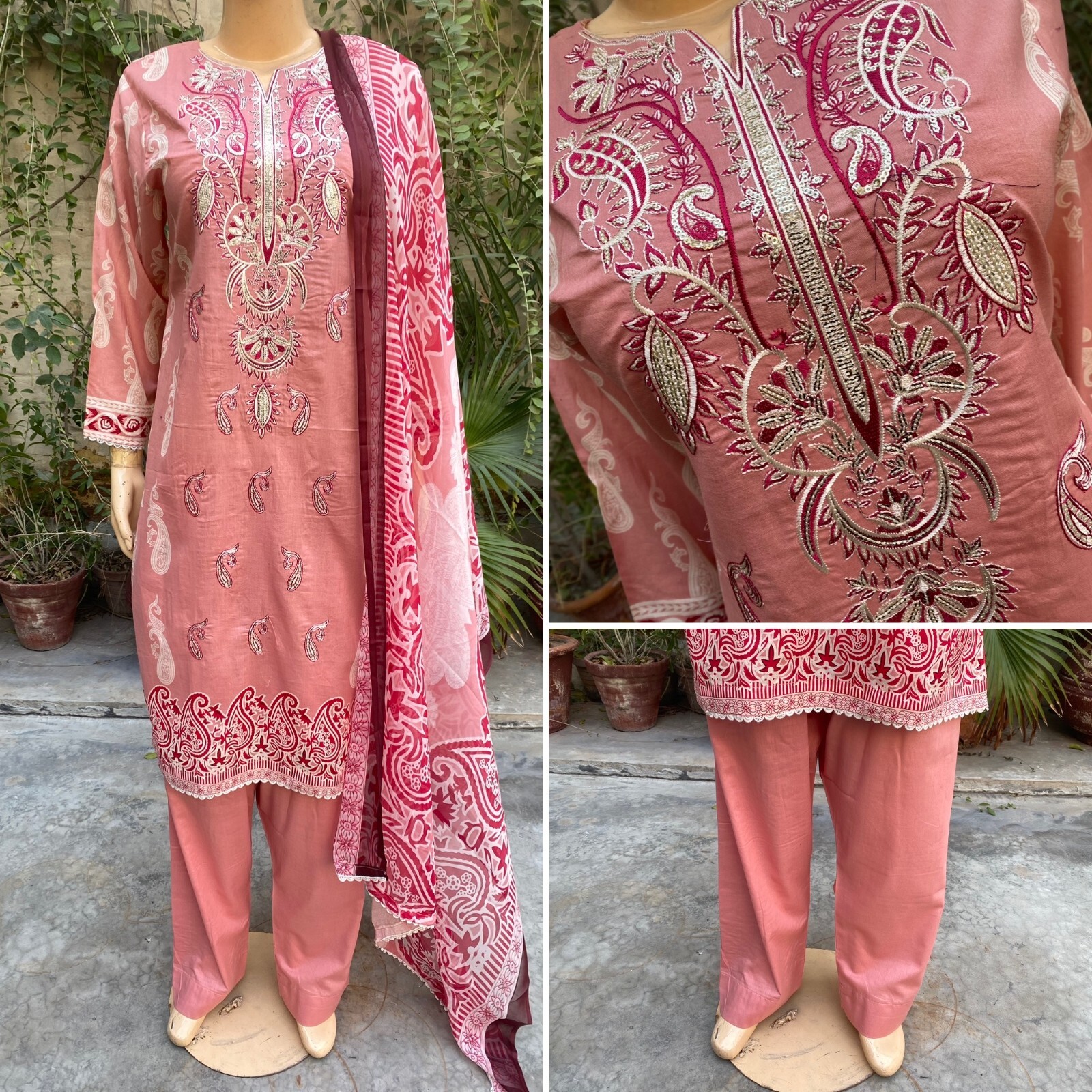 Pakistani Tea Pink Printed Straight Shirt 3-PCS Lawn Suit / Threadwork ,M