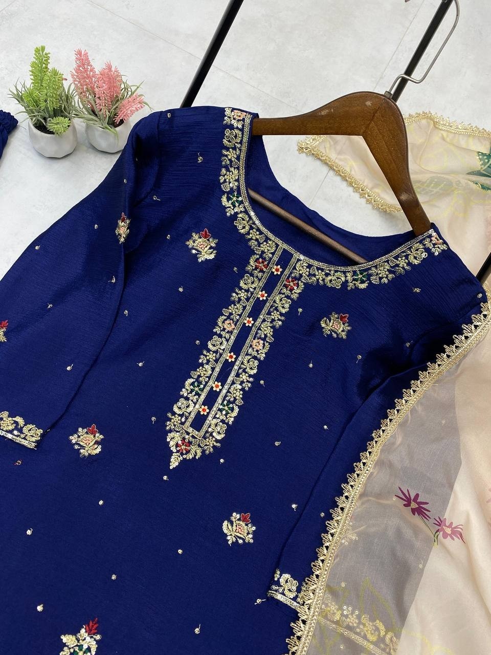 New Engagement Wear Blue Chinon Kurta Palazzo With Organza Dupatta For Women