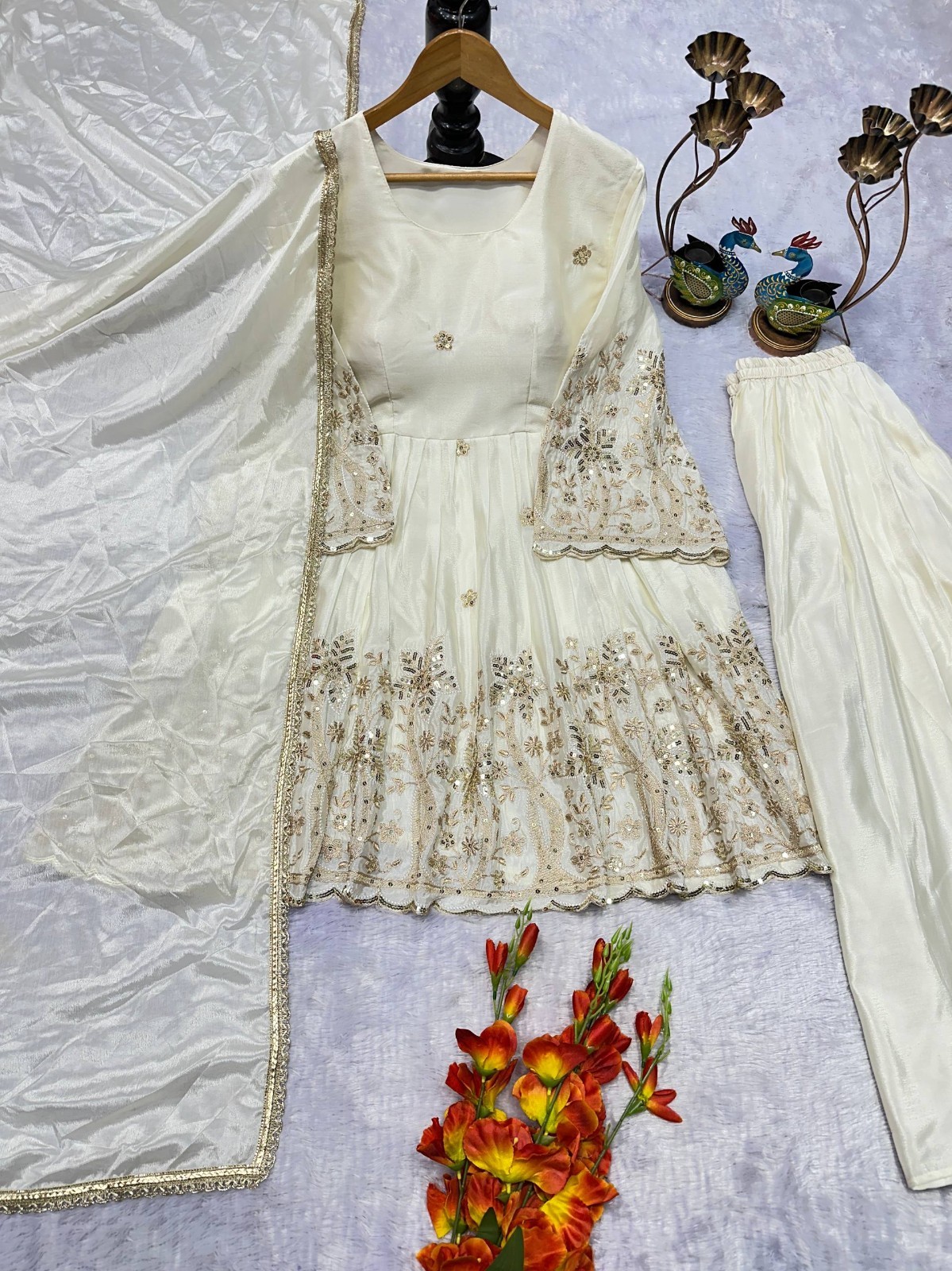 Presenting Heavy Chinon Silk White Top Palazzo And Dupatta For Wedding Wear