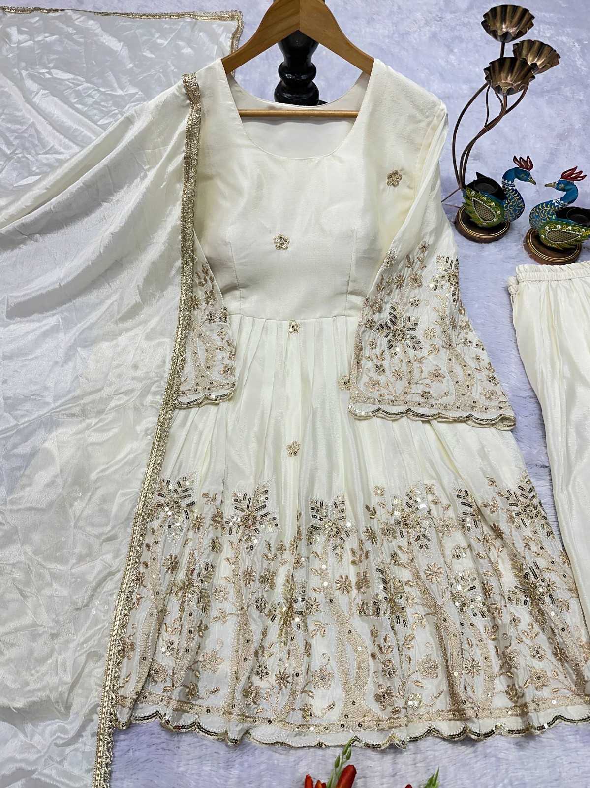 Presenting Heavy Chinon Silk White Top Palazzo And Dupatta For Wedding Wear