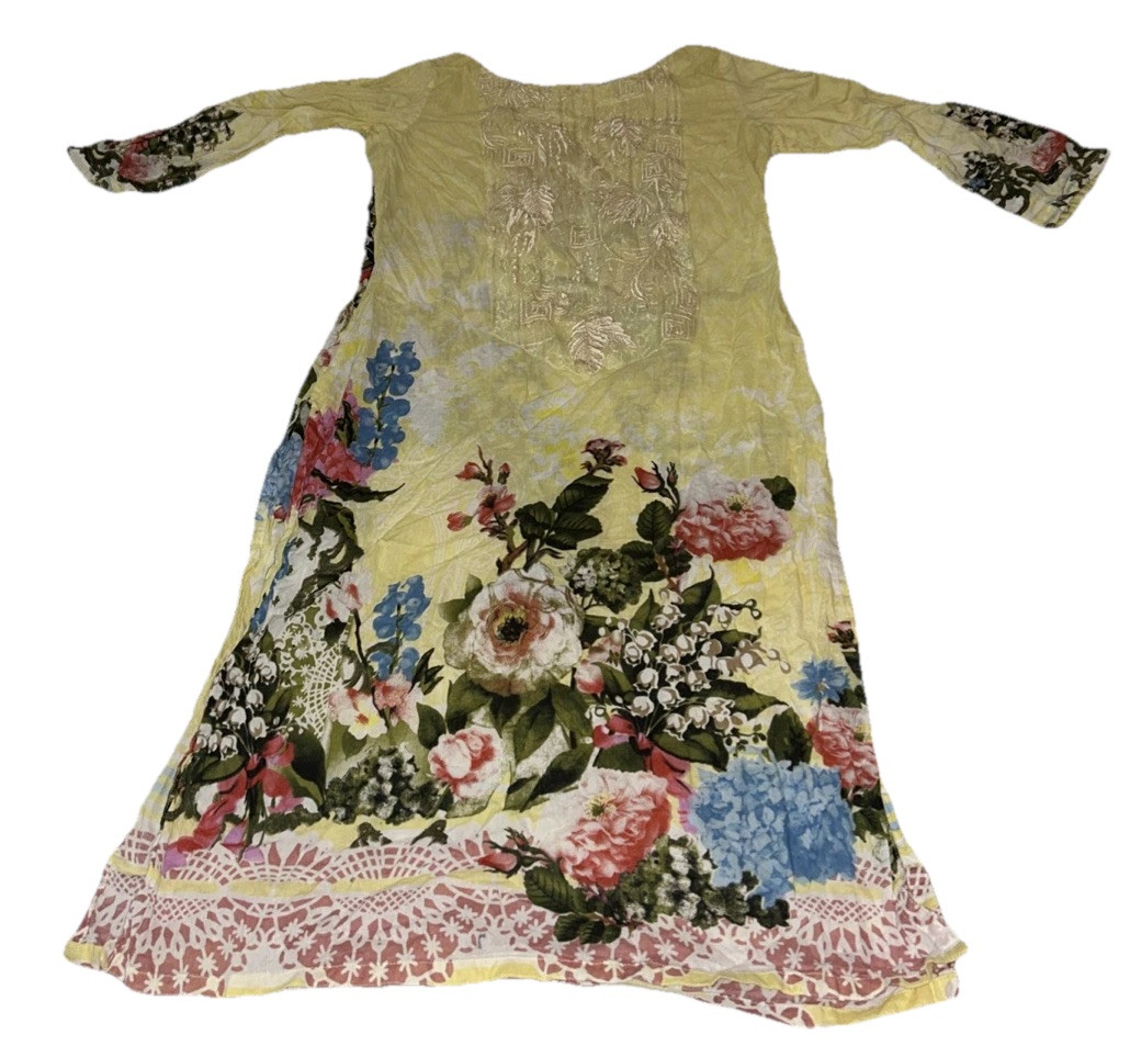 Handmade Small Indian Floral Kurta 3/4 Sleeve Side Slits Ethnic Lace Hem