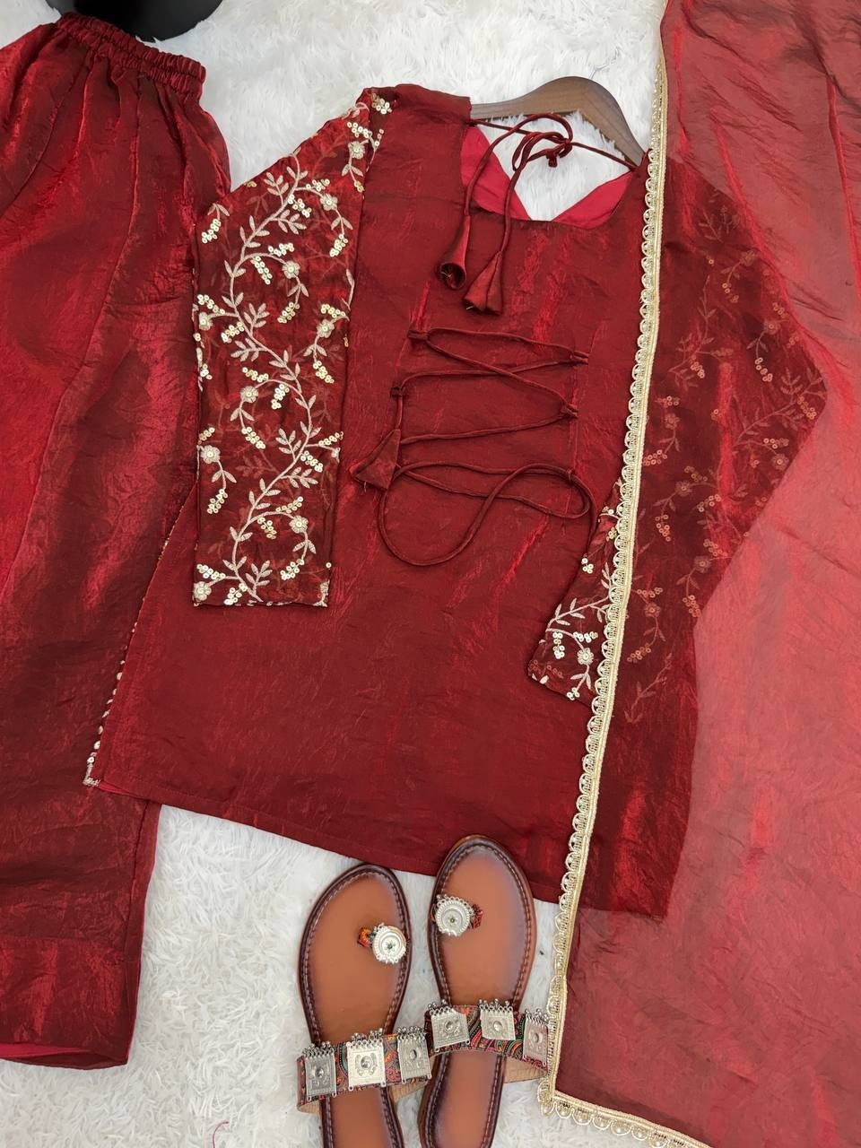 Unique Designer Pure Silk Maroon Top Palazzo With Dupatta For Wedding Wear
