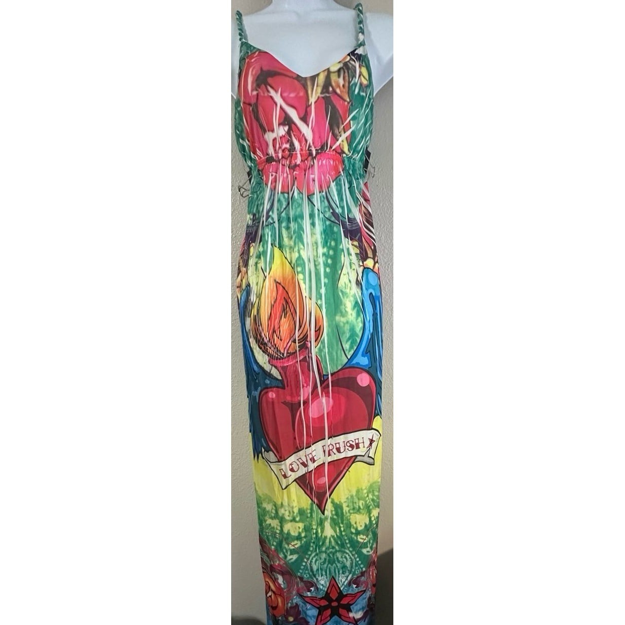 Maxi Dress Vibrant Sacred Heart & Rose Graphic LG- Ed Hardy vibes!