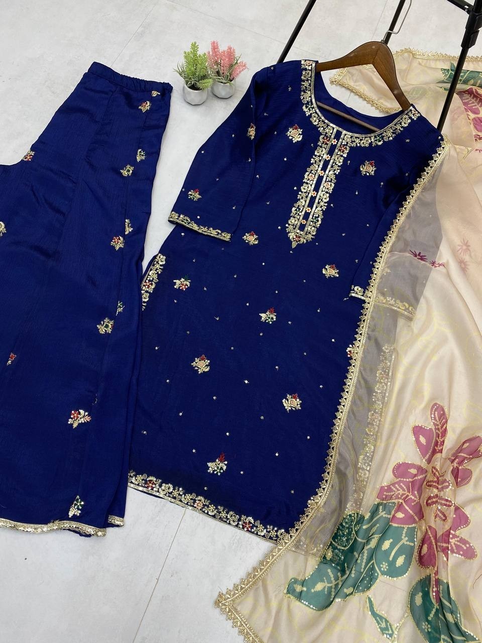 New Engagement Wear Blue Chinon Kurta Palazzo With Organza Dupatta For Women