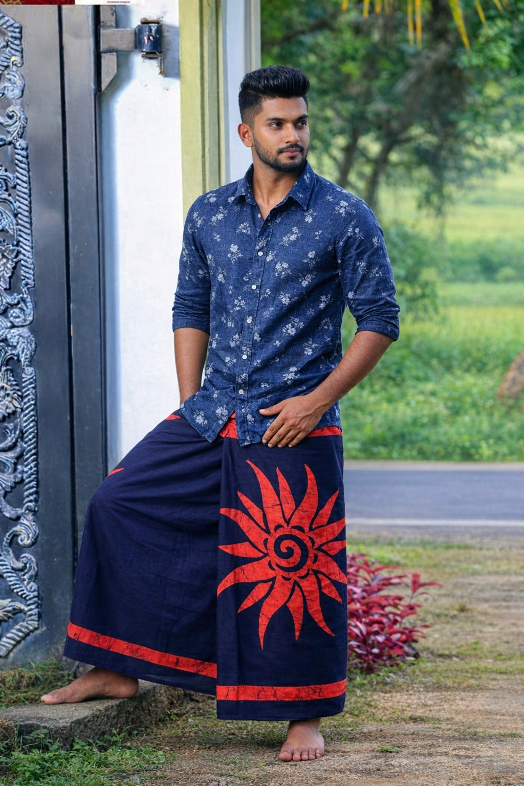 Handmade Sri Lankan Batik Sarong for Men Black Red Wrap Around Artisan Made