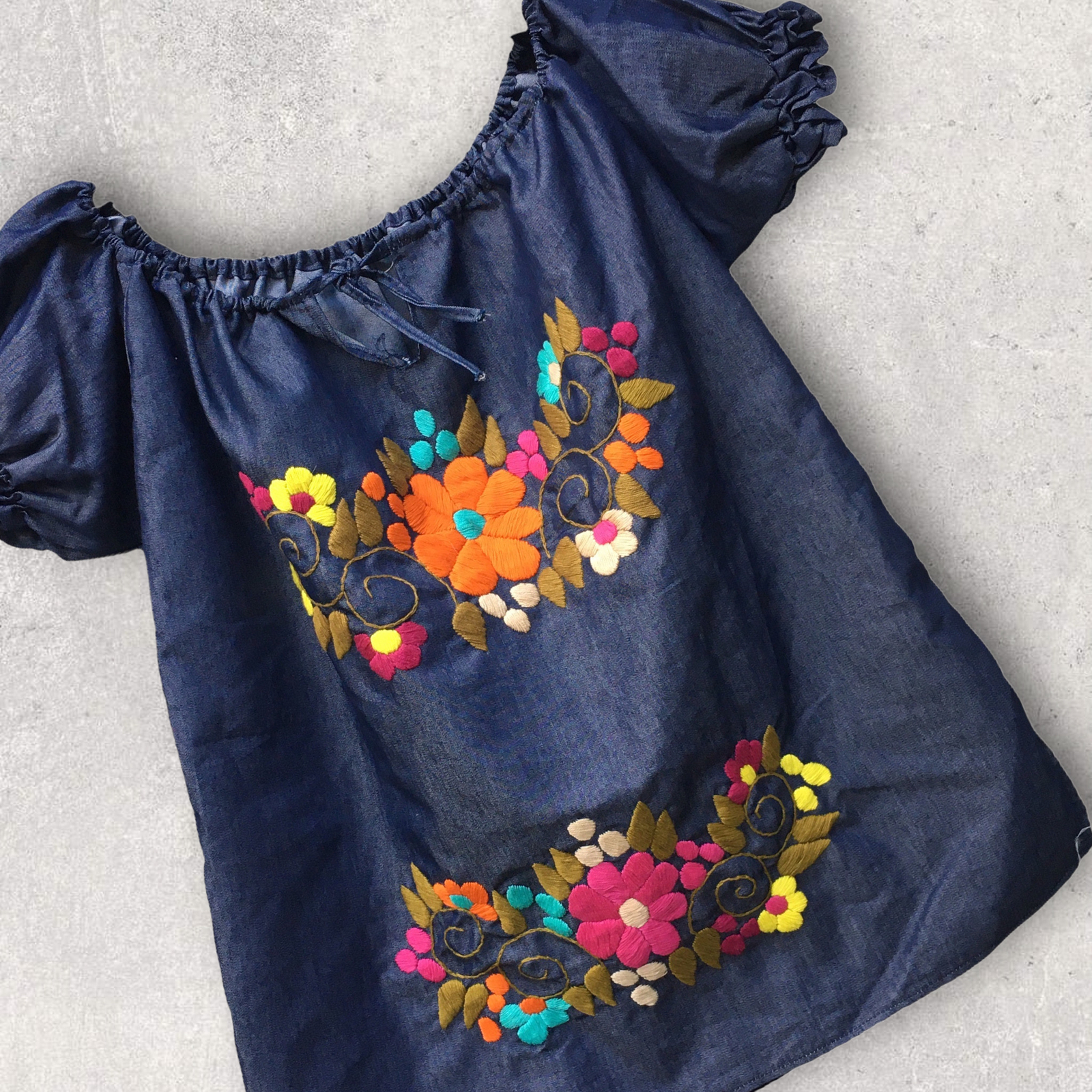 Handmade Women’s Hand Embroidered Mexican Blouse – Chambray – Size Medium