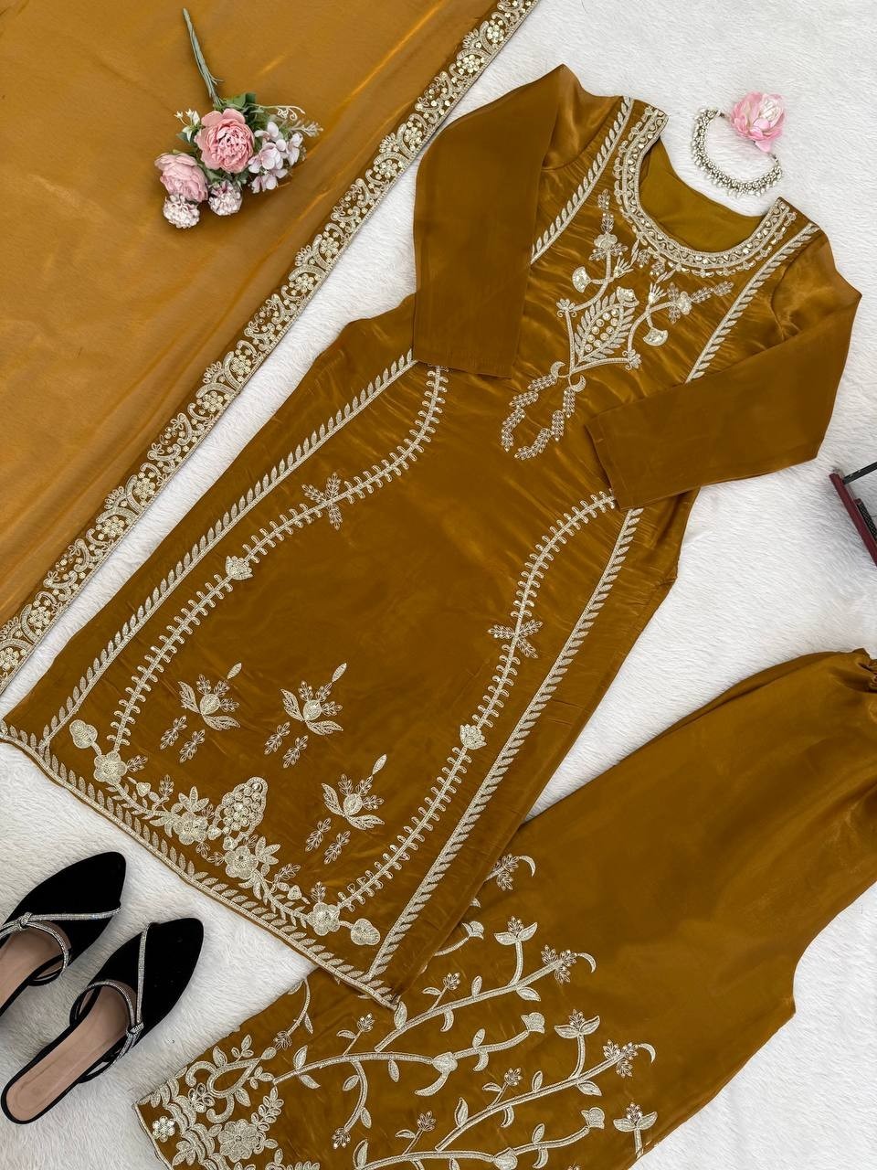 Stunning Heavy Silk Copper Top Palazzo With Dupatta For Reception Wear