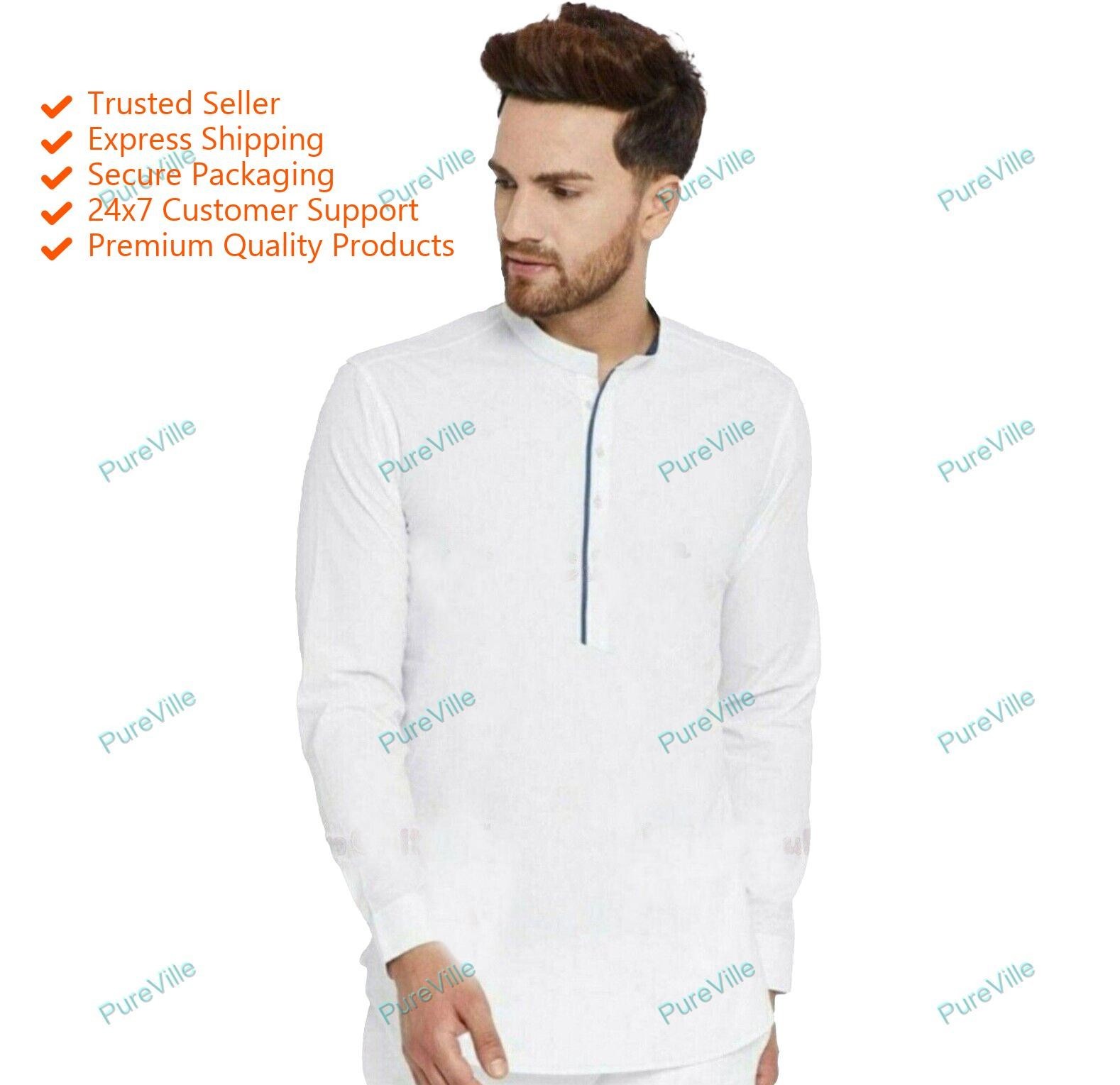 Mens Kurta Traditional Shirts Top Shirt Solid Mens Wear Cotton White Kurta