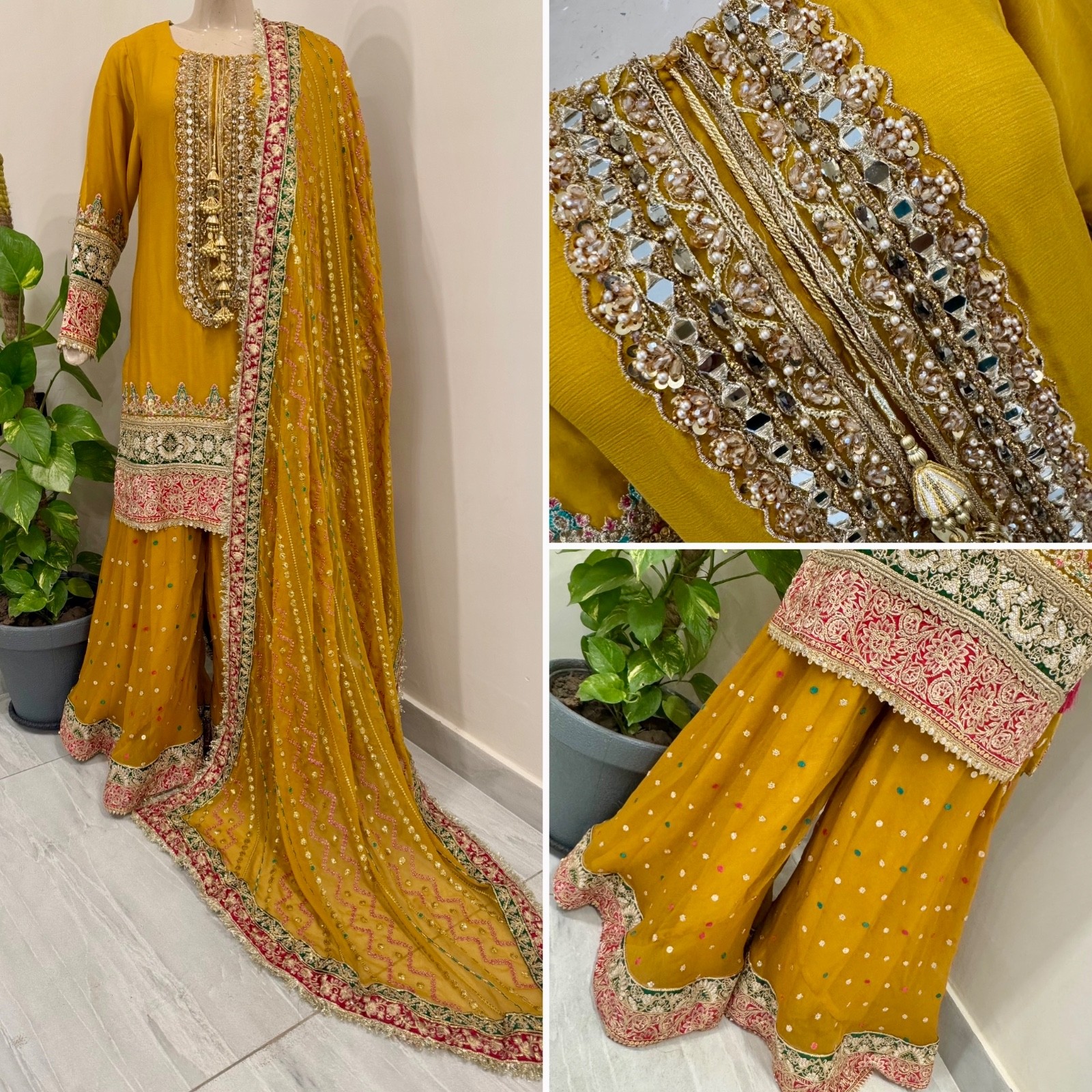 Pakistani Yellow Straight Style Embroidered Sequins Chiffon Sharara Dress,XL