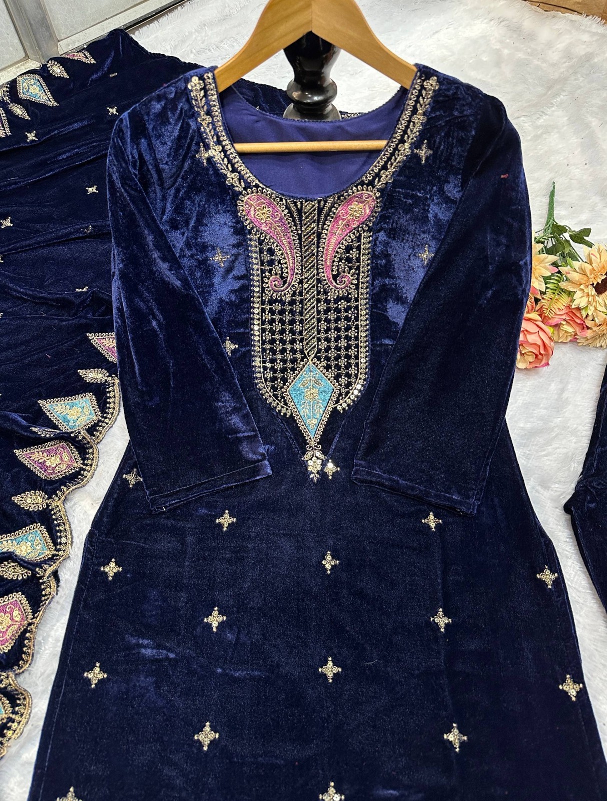 Ethnic Wear Heavy Viscos Velvet Salwar Kameez With Blue Dupatta For Women &Girls