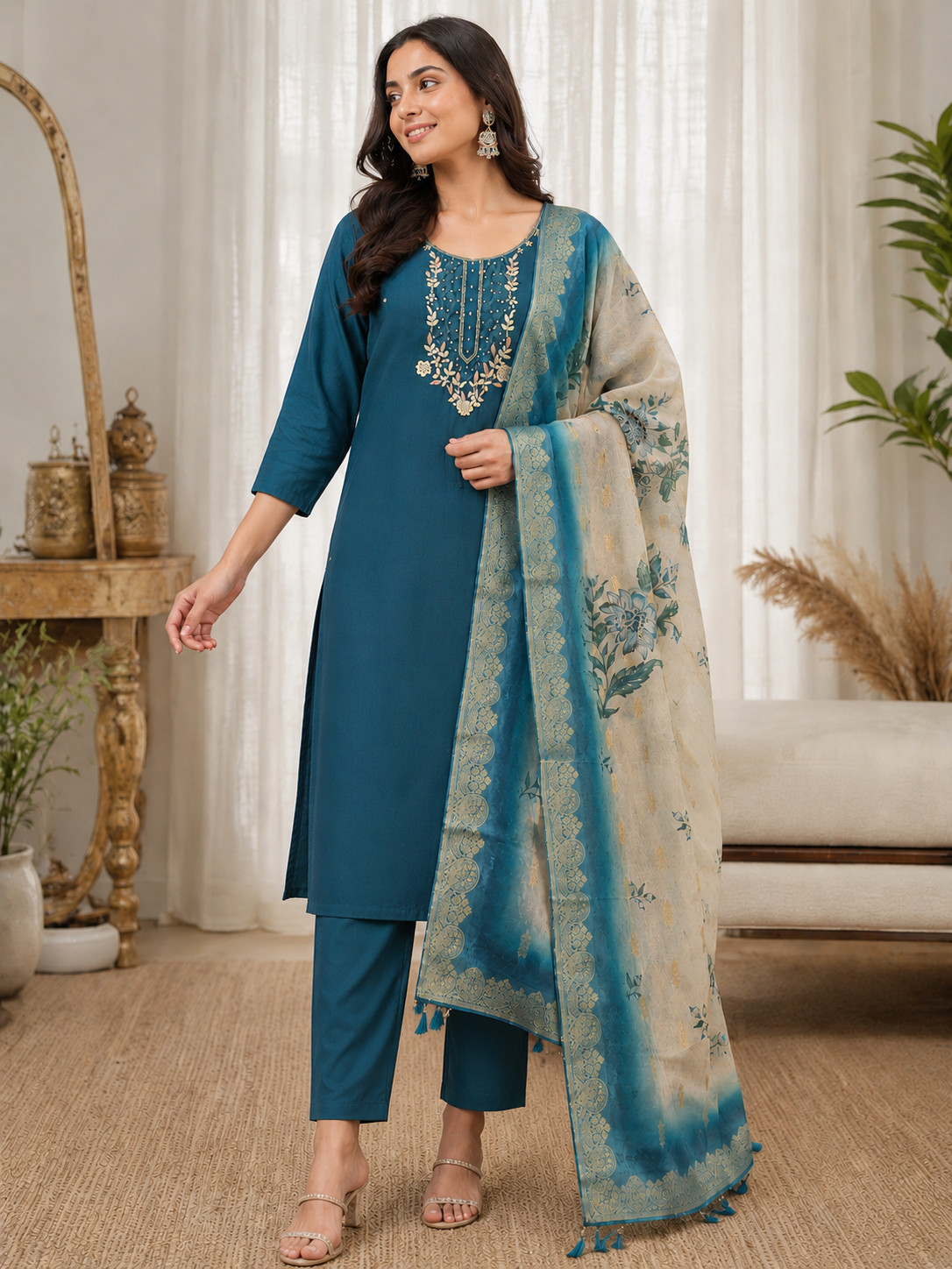Indian Women Morpich Ethnic Motifs Floral Printed Pure Silk Kurta Kurti Tunic