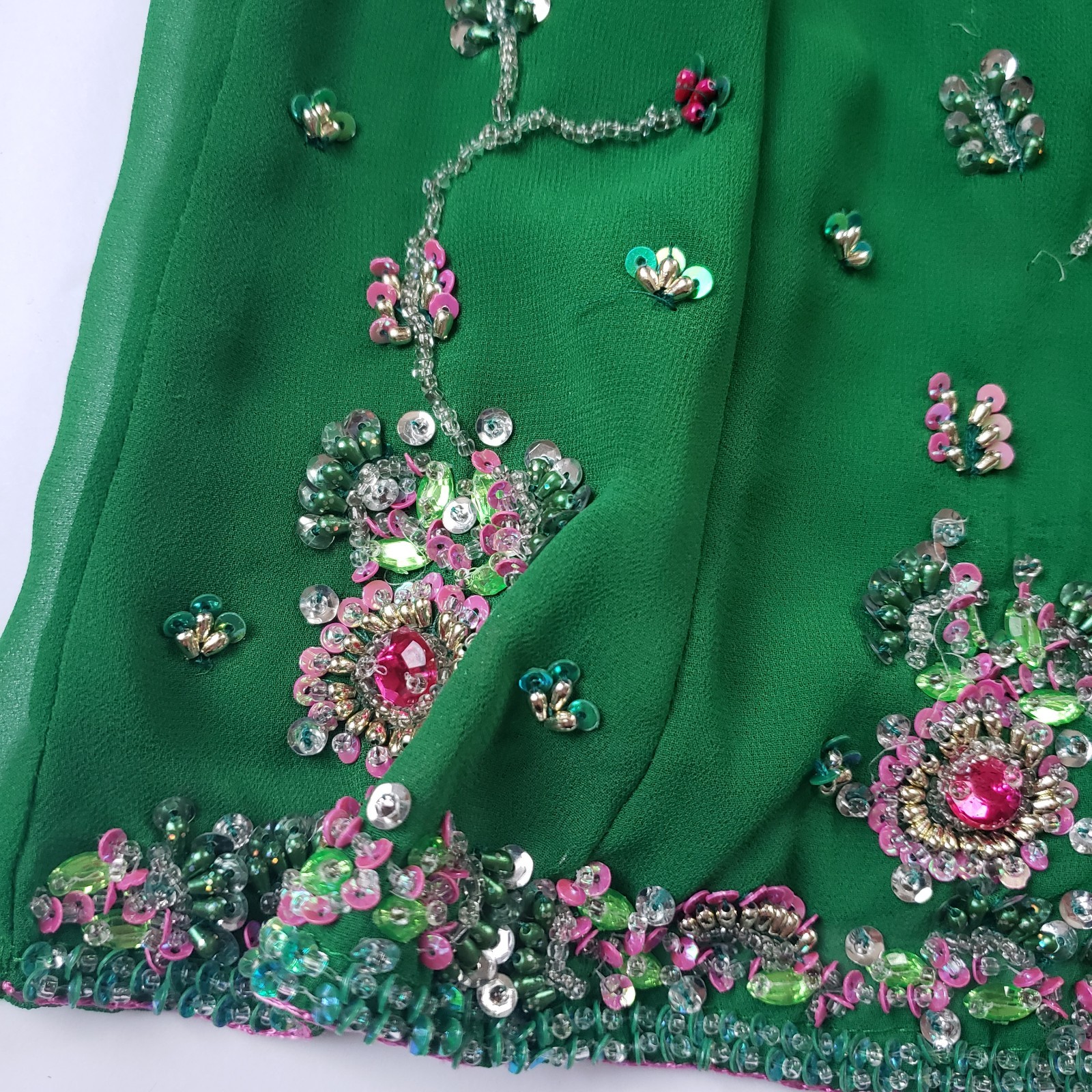 Ranee Girls Indian Chiffon Dress Pink & Green Beaded Sleeveless 20” Length