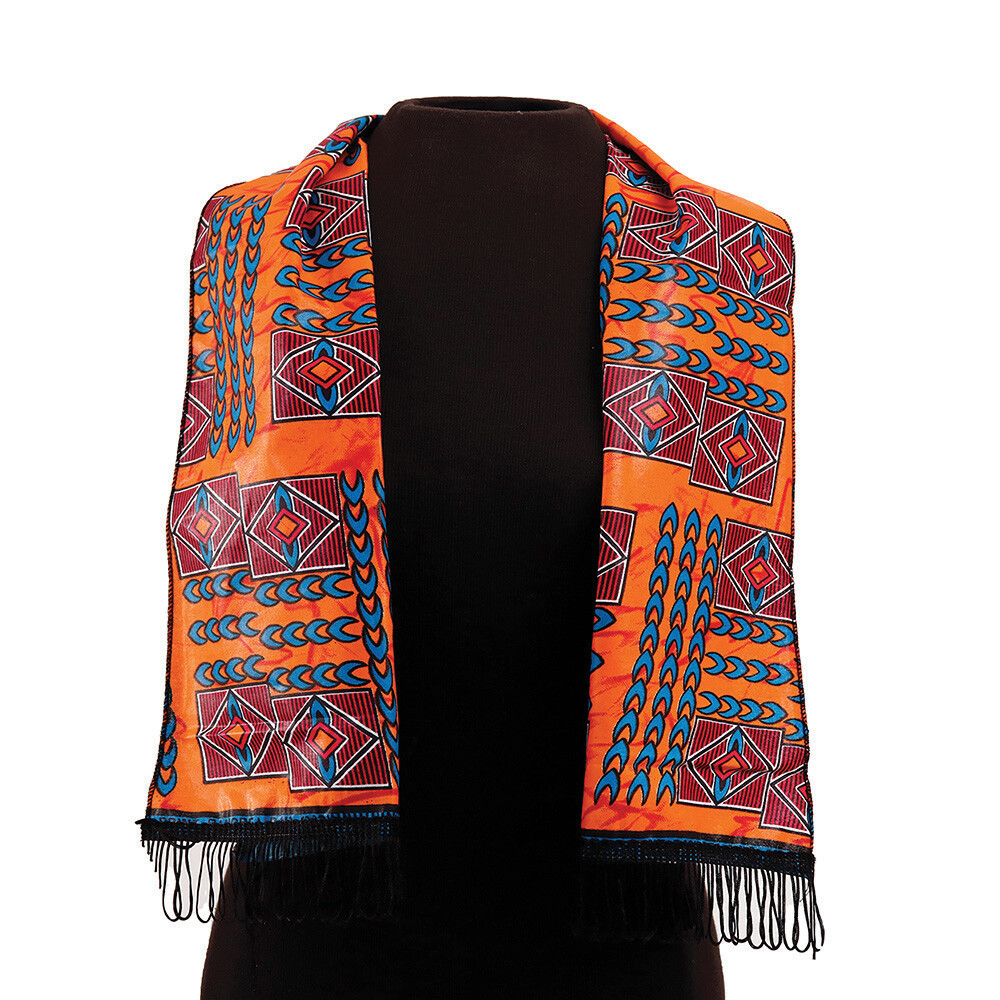 African Print Pattern Orange/Blue Wax Treatment Neck Scarf/Sash. INDIA 12″ X 45″
