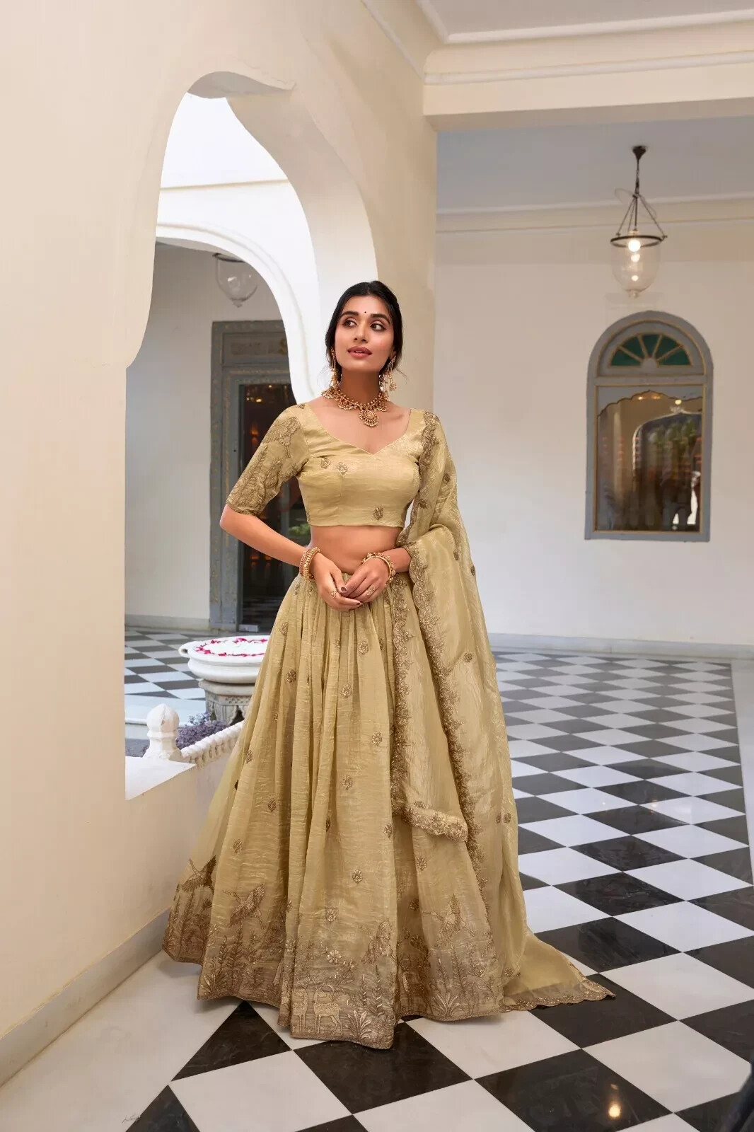 Reception Wear Off White Gold Crush Lehenga Choli With Dupatta For Women