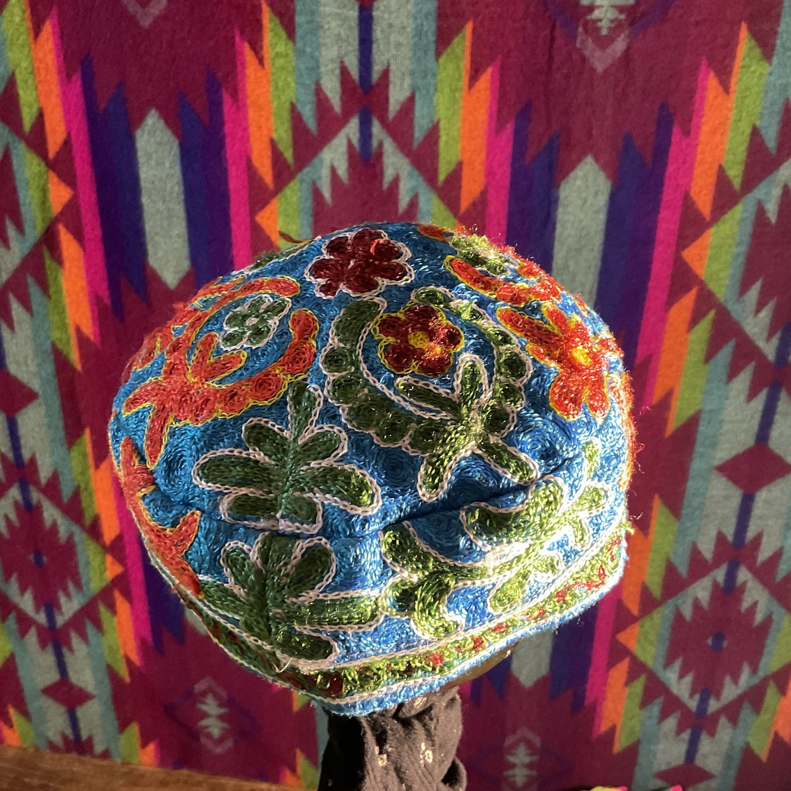 Men’s Ethnic Silk Embroidered Yarmulke Kippa Handmade Blue Cotton Lined Cap Hat
