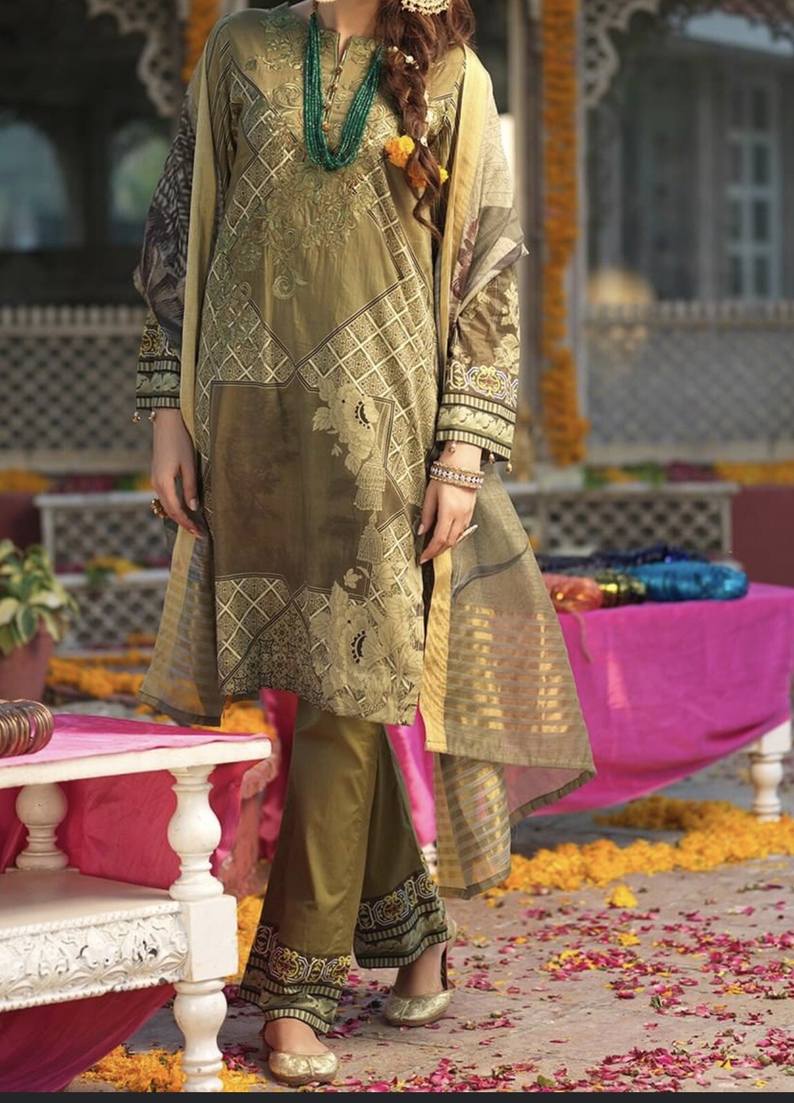 Swiss Lawn Embroidery Kameez Shalwar With Banarsi Dupatta Bust 50 3XL Pakistani