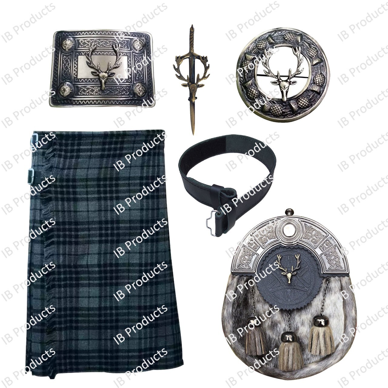 Scottish Traditional 8 Yards Hamilton Grey Tartan Kilt Set Kilts For Men Outfit