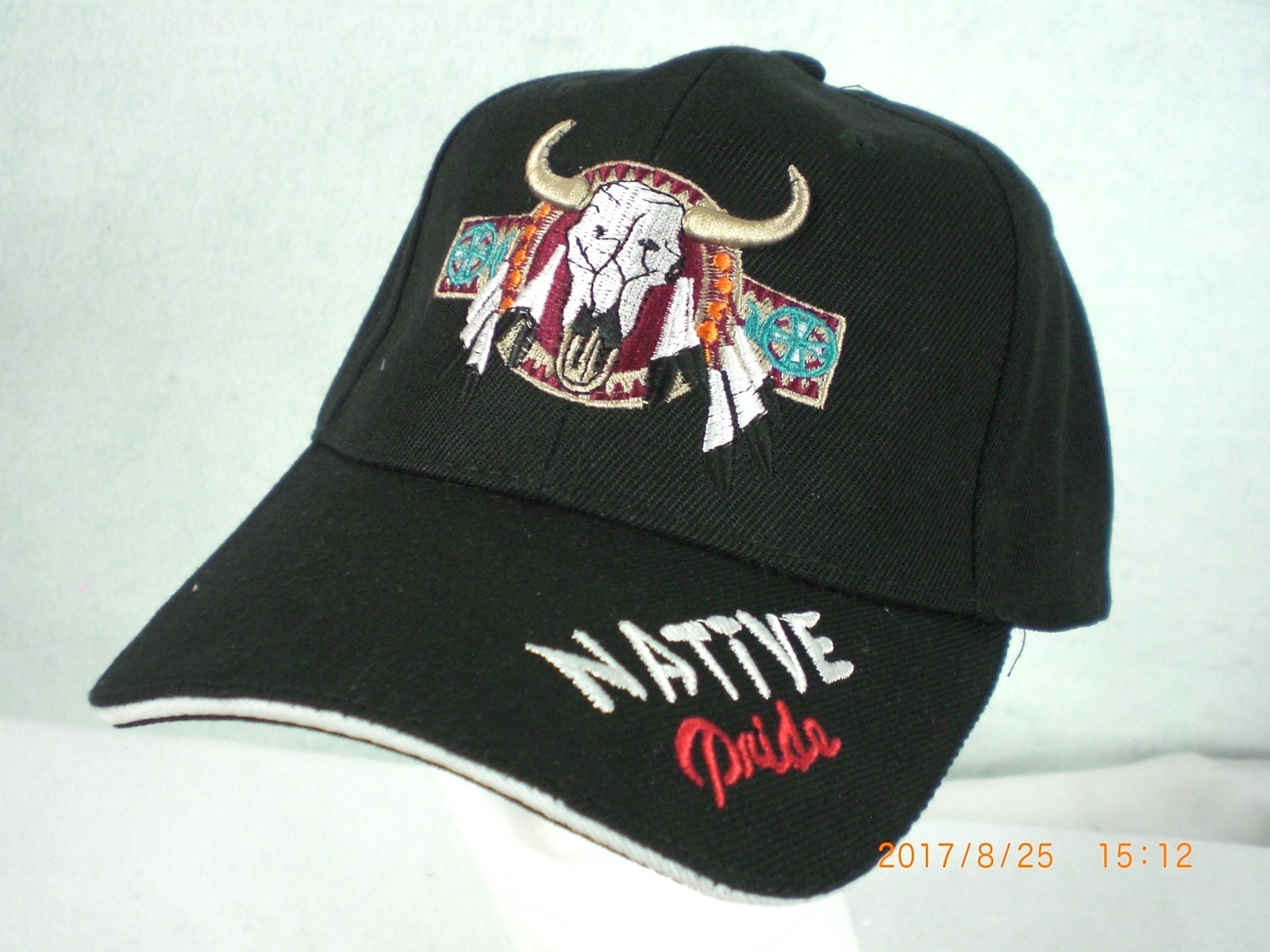 Ball Cap, Indian Design, Skull and Feather Drops, Black