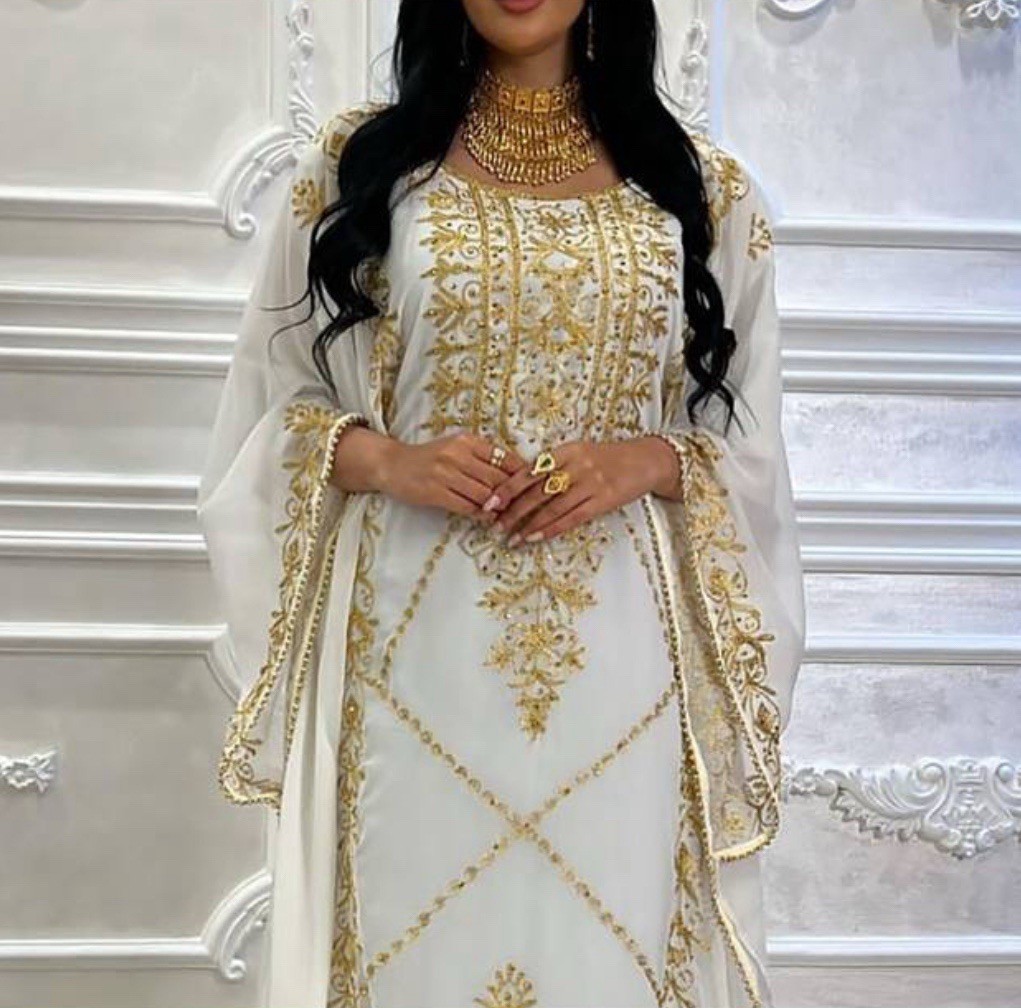 Dubai Middle Eastern Gown Dress White And Gold Size XS, Run Larger, Worn Once