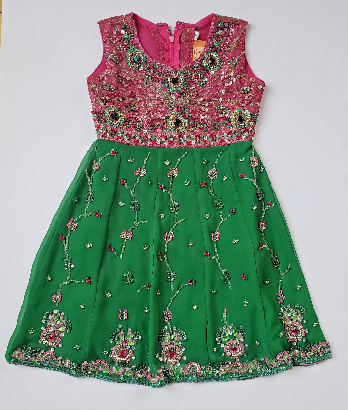 Ranee Girls Indian Chiffon Dress Pink & Green Beaded Sleeveless 20” Length