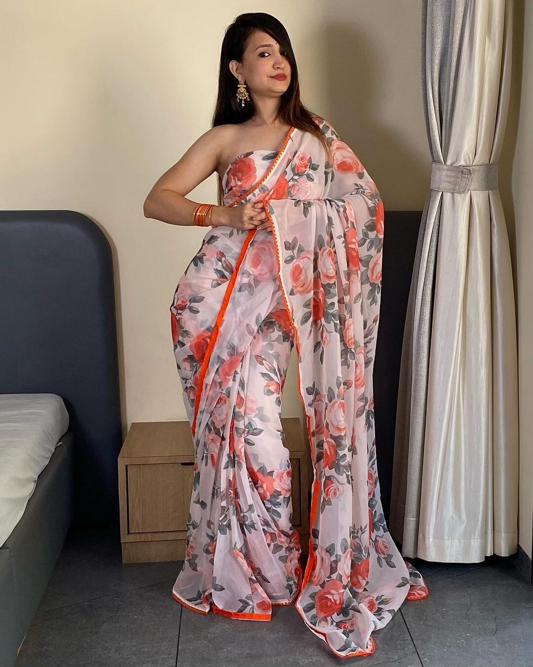 Flower Printed Designer Fancy Latest Wedding Bridal One Minute Ready To WearSari