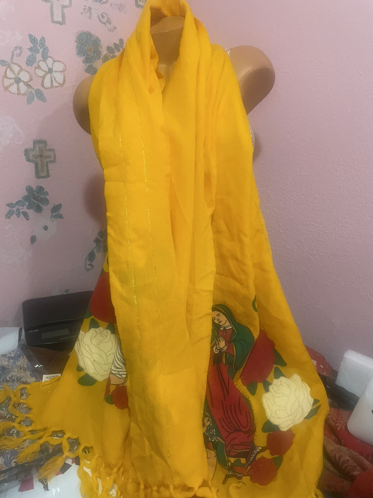 Mexican Women’s Yell Rebozo With Virgen Gadalupe Printed Poncho Wrap Cover Cape