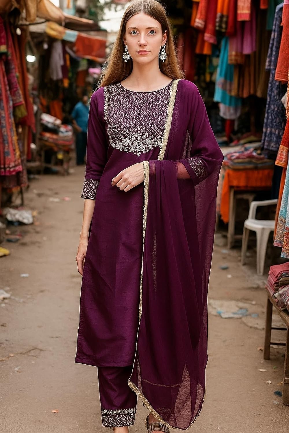 Floral Regular Embroiderd Straight Silk Blend Stitched with Set for Women